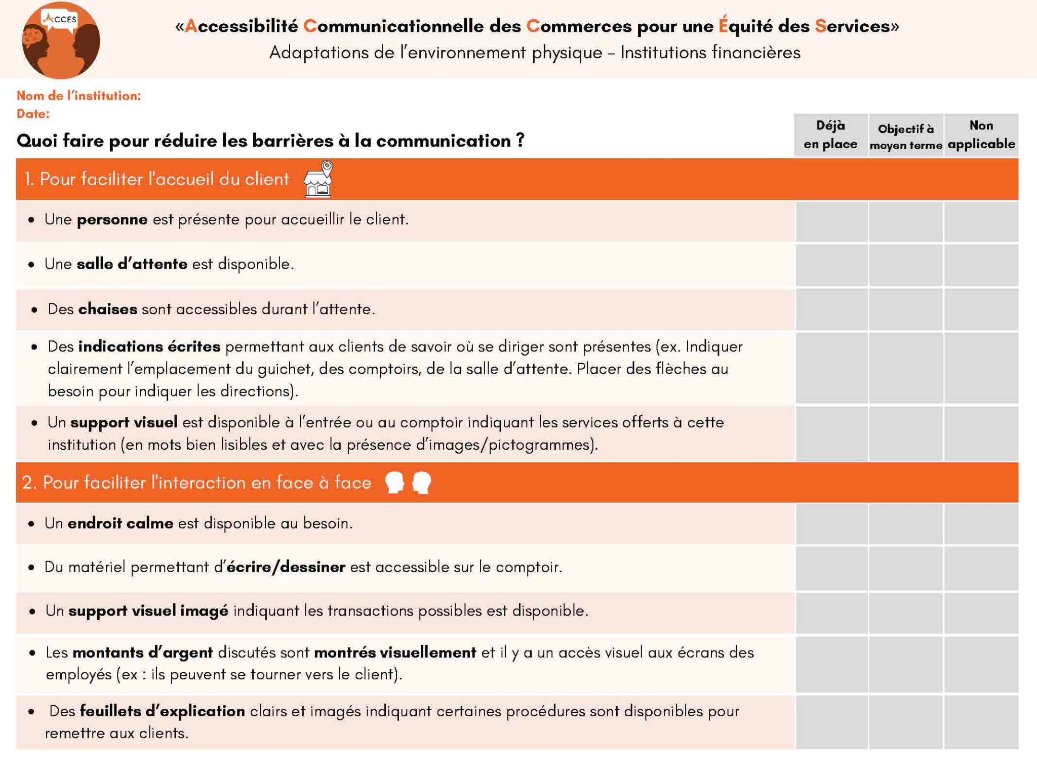 Grille d’adaptations de l’environnement physique – Institutions financières
